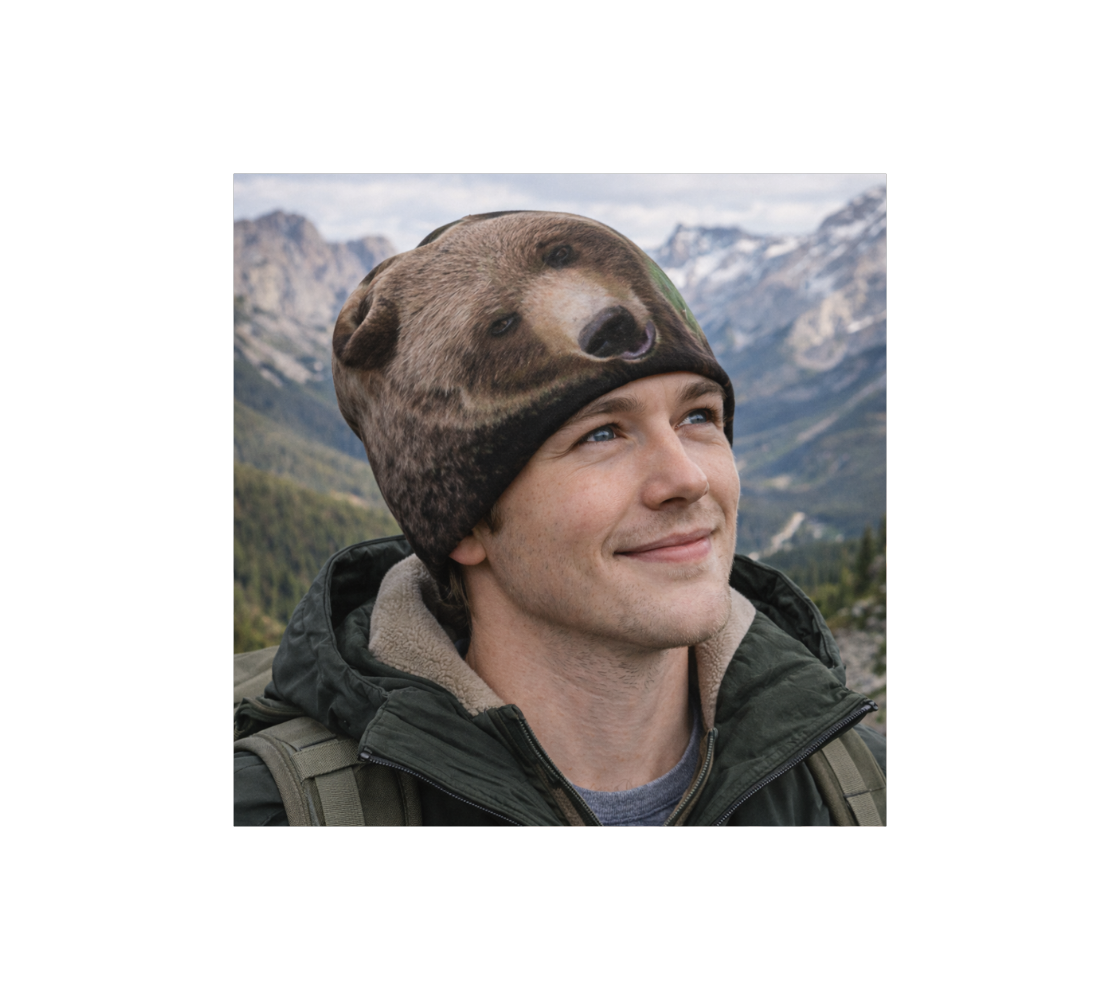 A man standing in the mountains wearing a bamboo-lined beanie with an image of grizzly bear design with a green background.