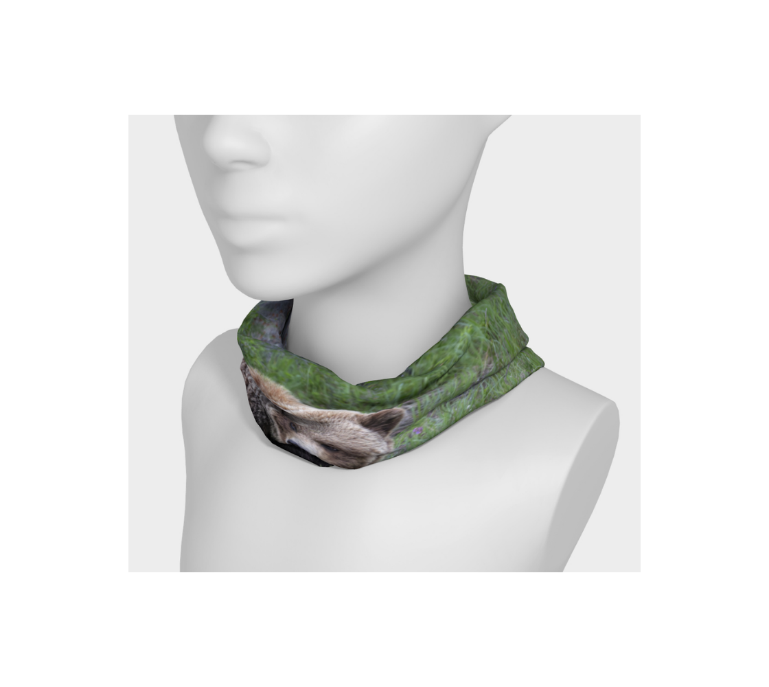 A grizzly bear head and neck buff from our real wildlife photography wrap around mannequin head neck.
