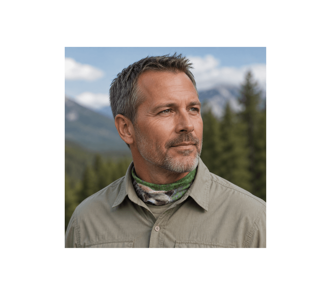 A man wearing a grizzly bear head and neck buff from our real wildlife photography wrap around this neck.