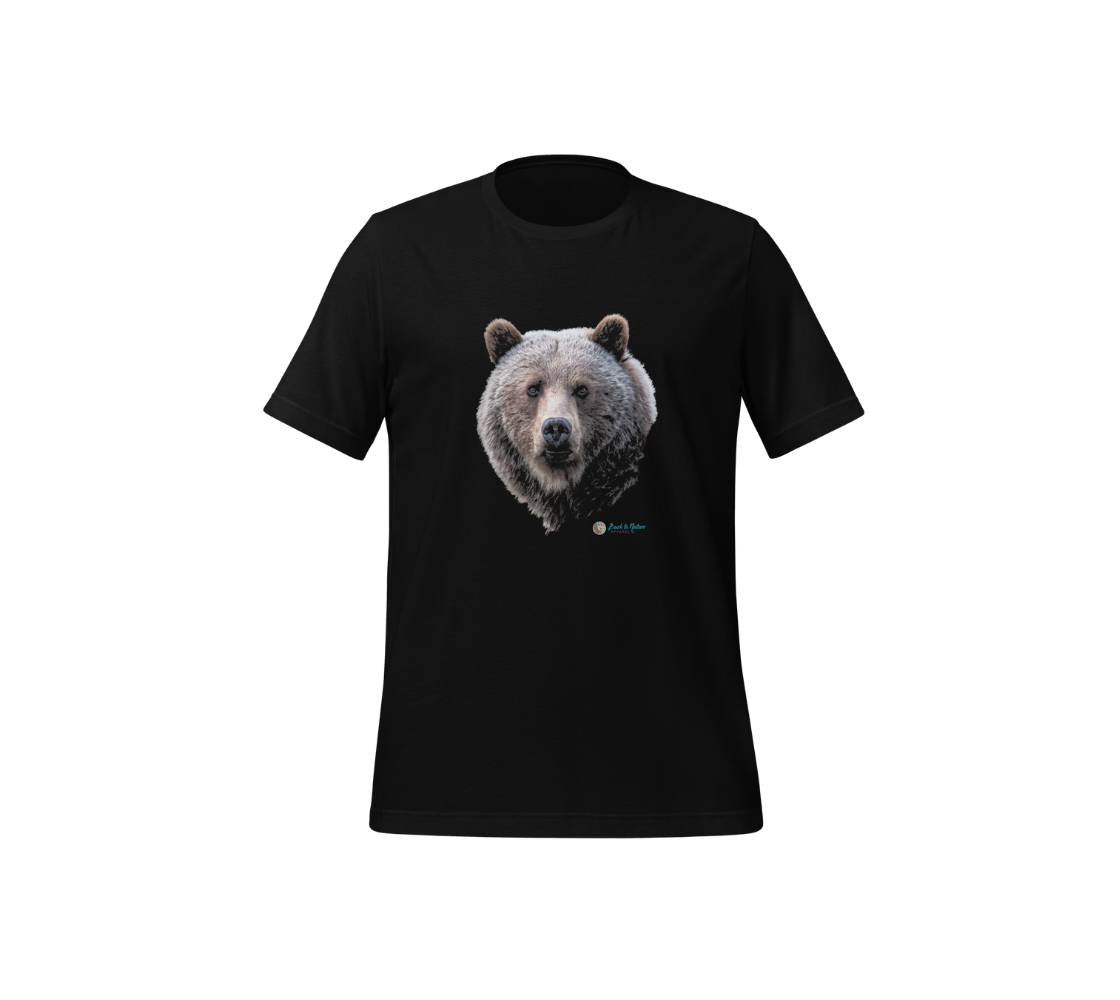 This image is of a black t-shirt with short sleves featuring a photo of a grizzly bear head in multi-tones of brown, as it is looking directly at you.