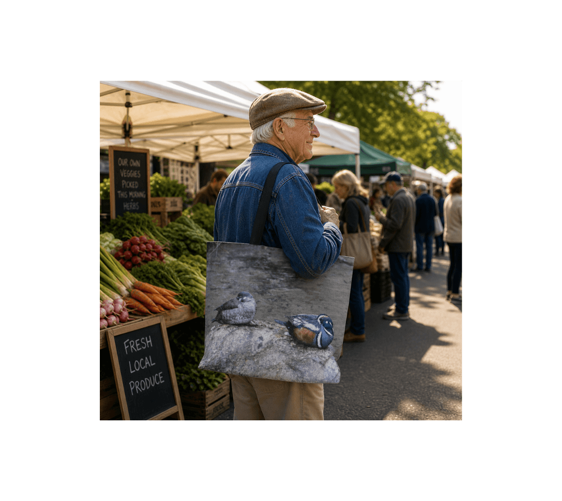 A man holding a harlequin duck large reusable tote bag from our real wildlife photography at an outdoor farmer's market.