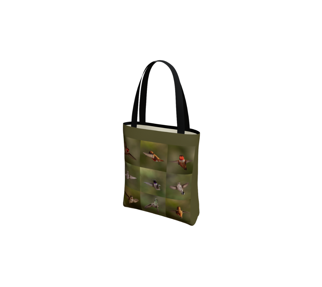 A hummingbird medium reusable tote bag from our real wildlife photography.