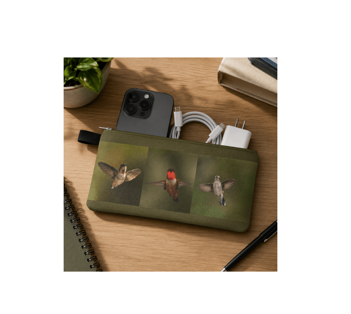 A zippered pouch from our real wildlife photography with cell phone and charging cord inside it.