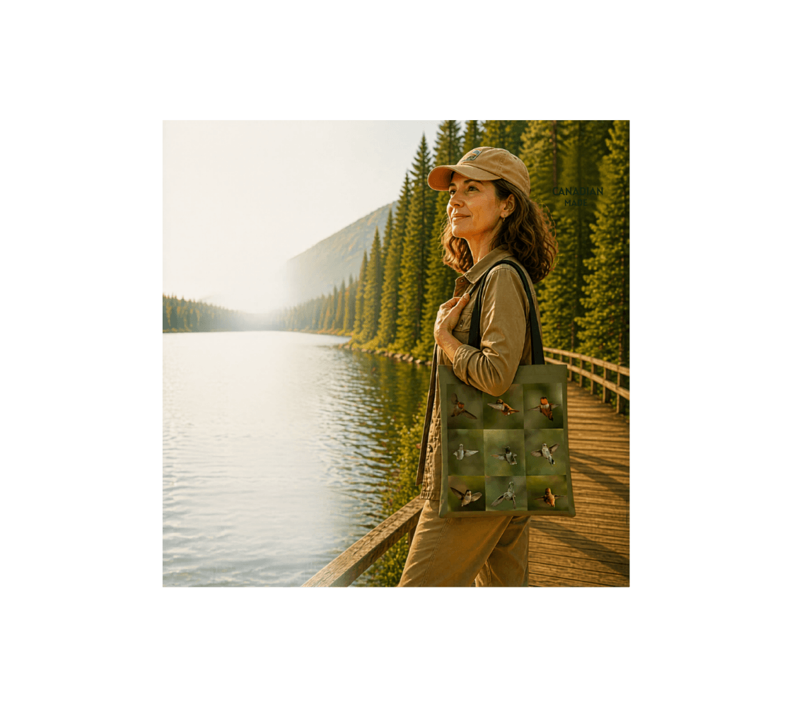 A woman standing carrying a medium tote bag from our real nature photography by a lake.