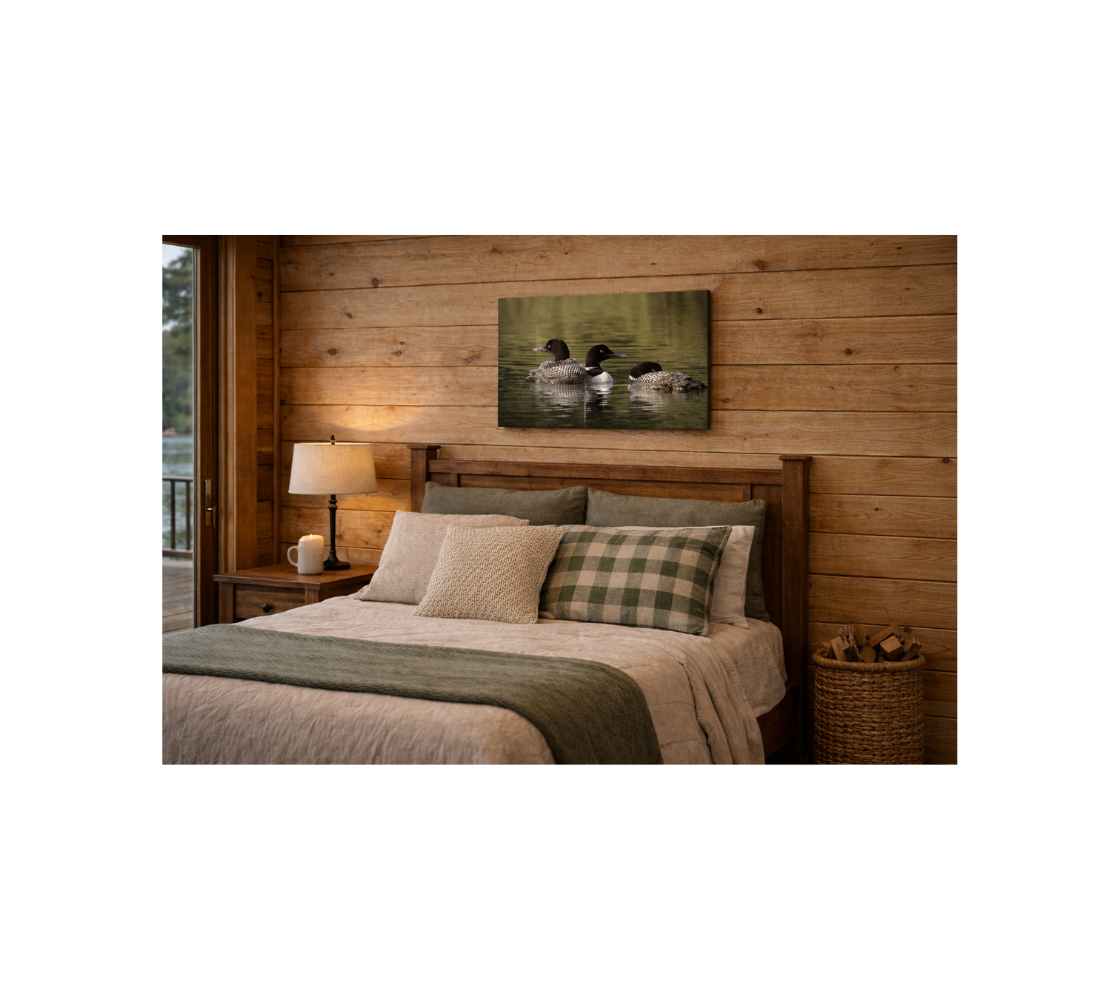 A rustic bedroom with a canvas print of loons from our nature photography hanging above a bed.