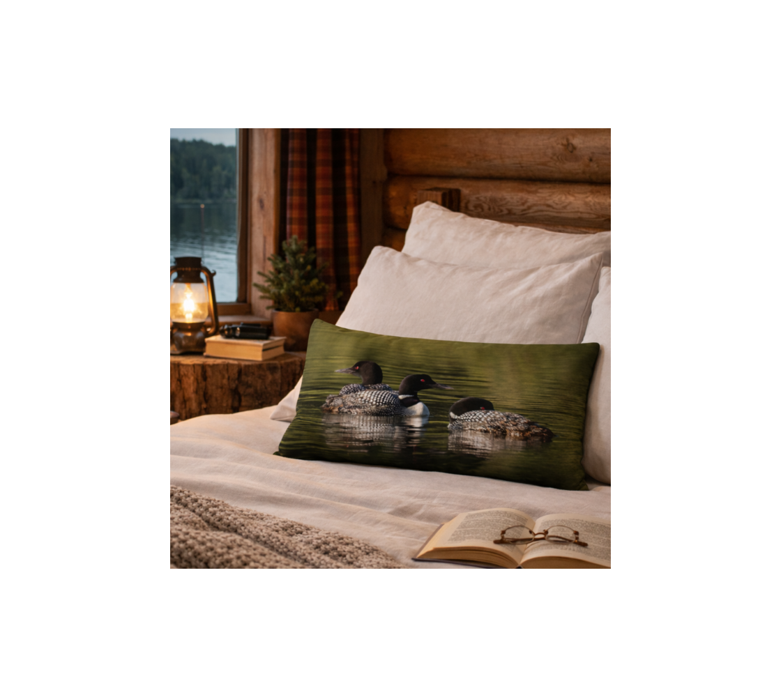 A rustic bedroom with a loons decorative long throw pillow cover from our Canadian wildlife photography on a bed.