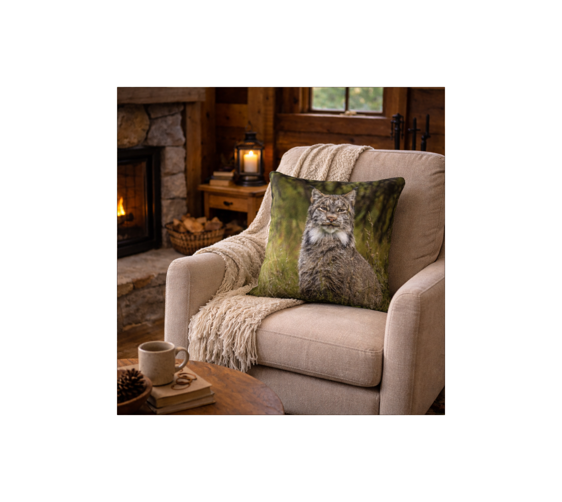 A rustic living room with a lynx decorative throw pillow cover from our wildlife photography on a beige armchair.