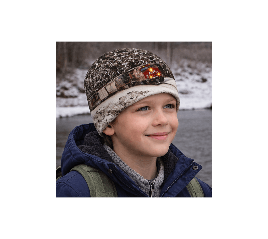 A young boy wearing a train at Morant's Curve beanie from our nature photography standing by river.