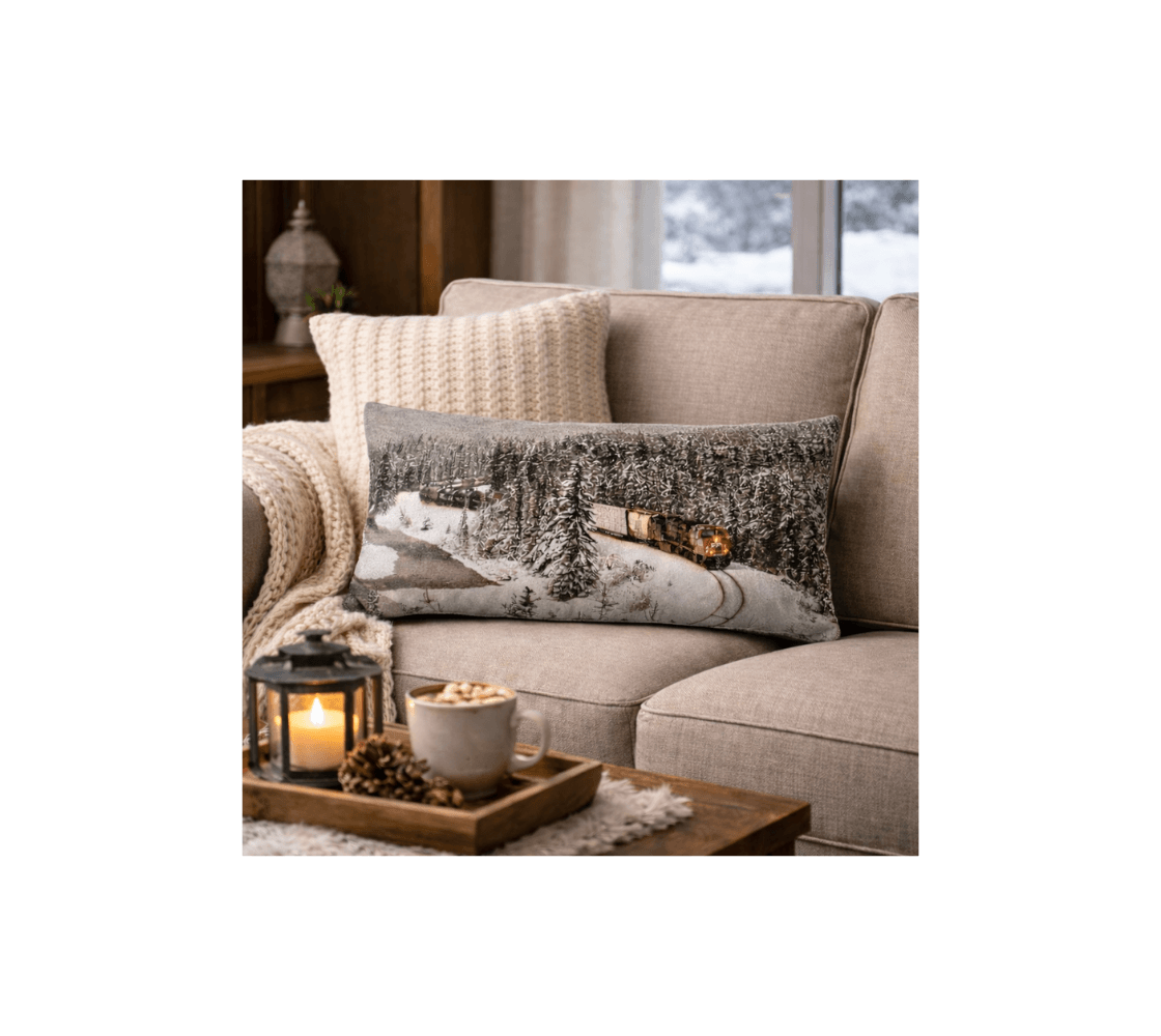 A living room with a Morant's Crave train decorative long throw pillow cover from our nature photography on a beige sofa.