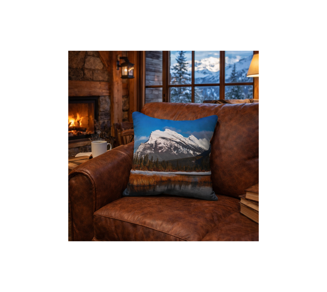 A decorative throw pillow cover with our photograph of Mount Rundle design with a naturel background on a brown couch in a cozy room with a fireplace and window view.