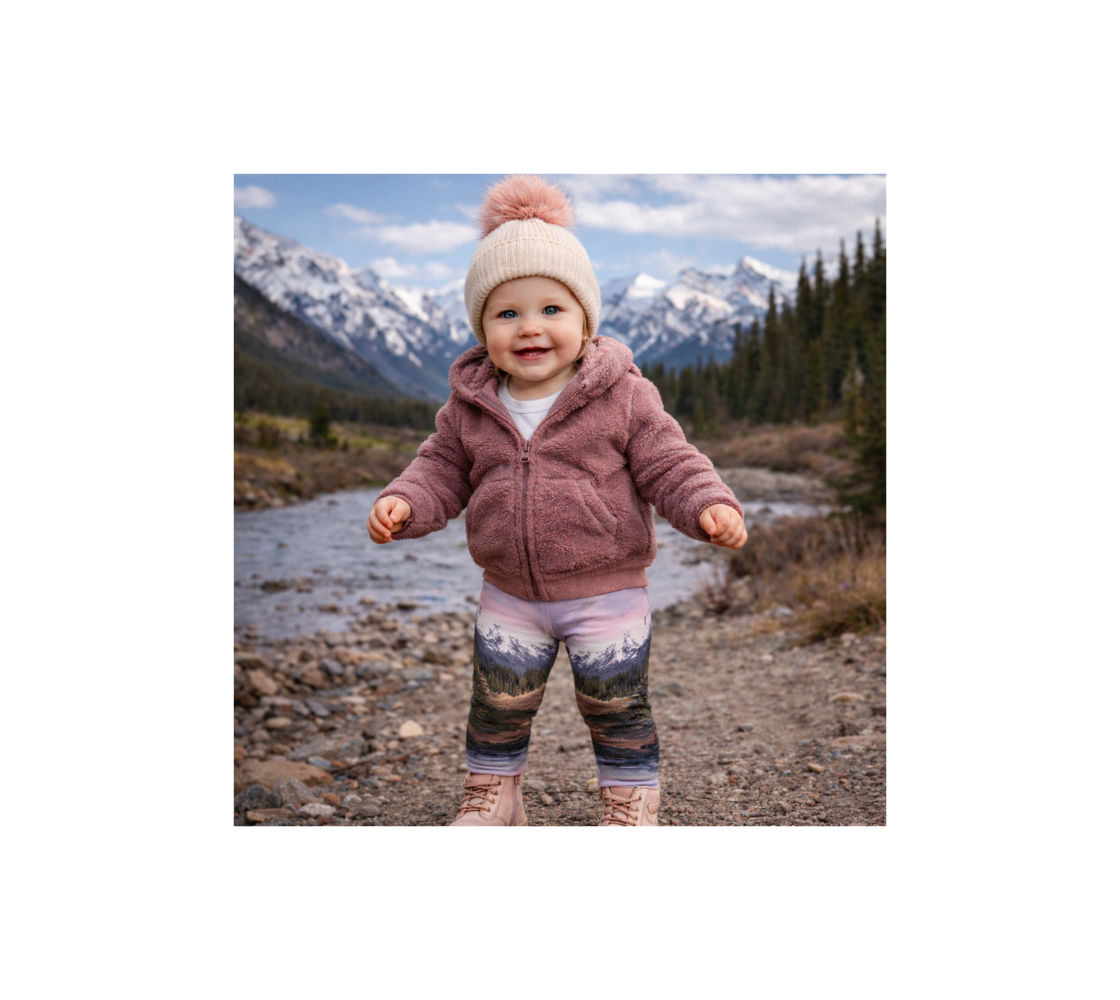 Baby wearing a pink mountain scenery leggings standing by a river with mountains in the background.