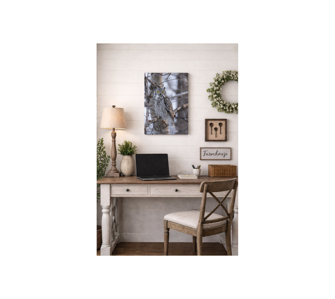 Home office with a desk, chair, laptop, and canvas print of a great gray owl hanging on wall above the desk.