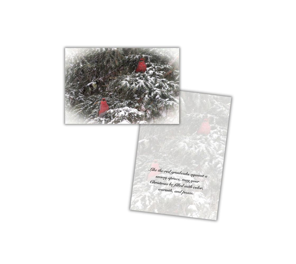 A Christmas card with two red pine grosbeak birds on a snowy branch and an opened card with a repeated faint image of the front image with text.