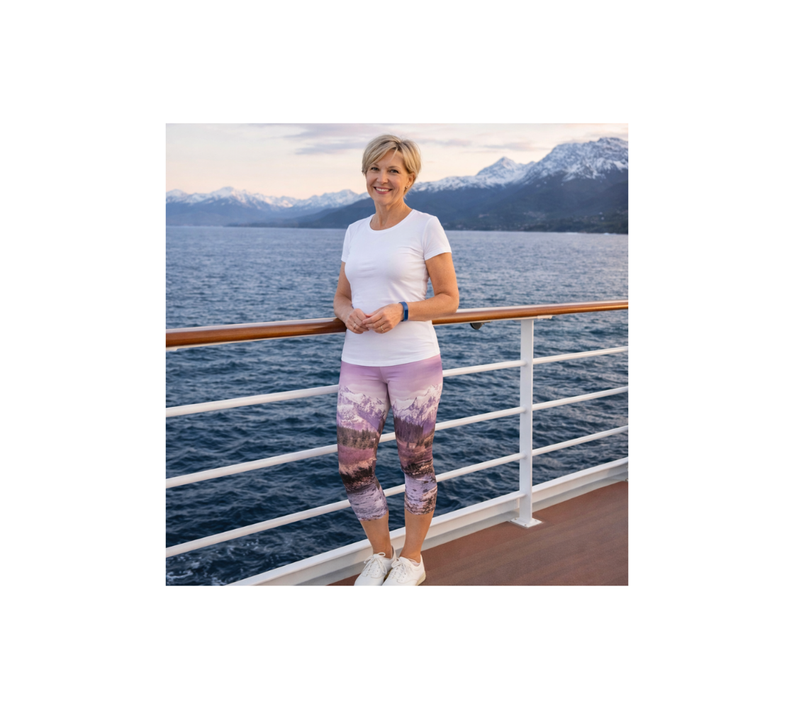 A Woman standing on a cruise ship deck wearing a pair of classic capri leggings with a pink mountain sunset design with a scenic view of water and mountains.