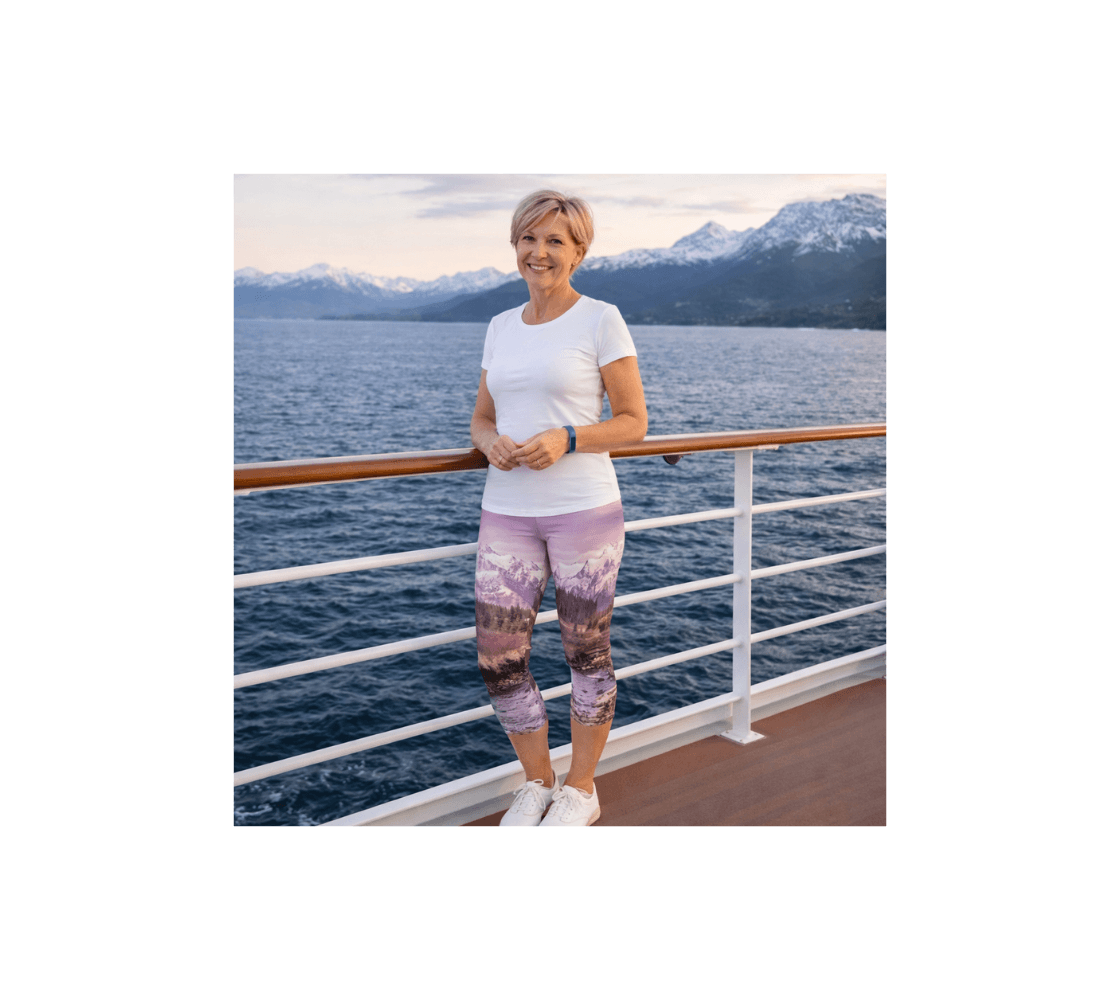 A woman standing wearing a pair of pink mountain sunset classic capri leggings from our Canadian nature photography on a cruise ship deck.