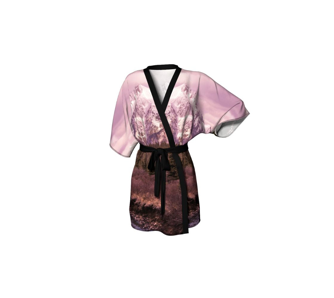 A front view of a pink mountain sunset kimono cover up from our real nature photography.