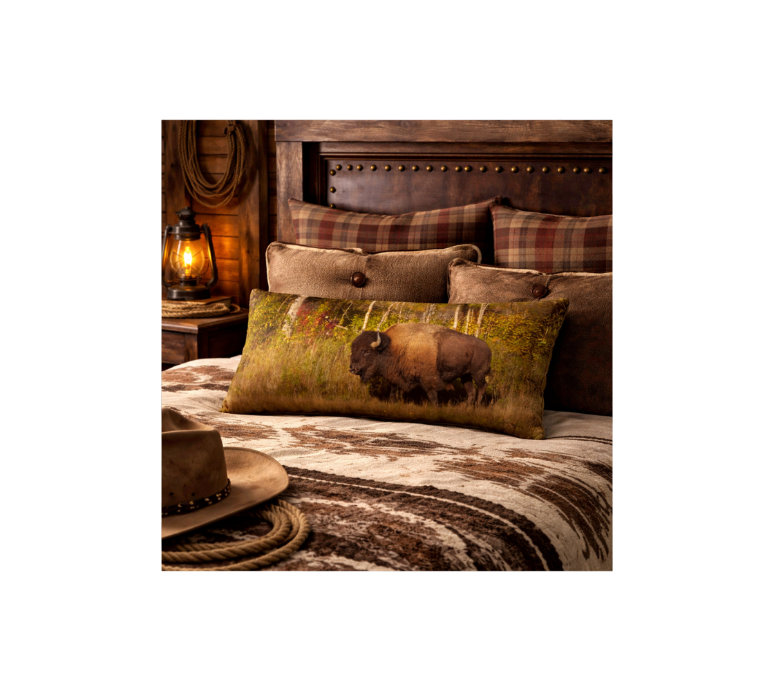 A rustic bedroom with a plains bull bison decorative long throw pillow cover from our wildlife photography on a bed.