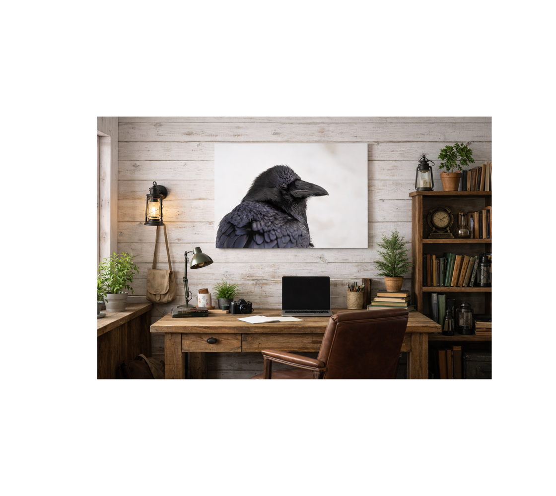 Home office with a desk, chair and canvas print hanging on wall above the desk.