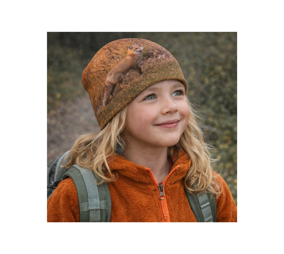 A Young girl in a forest wearing a beanie with a image of red fox design with a orange background.