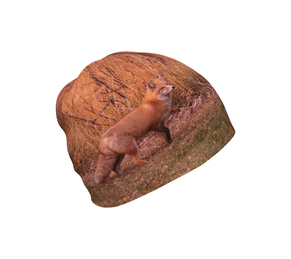 A bamboo-lined beanie with a image of a red fox design with a orange background.