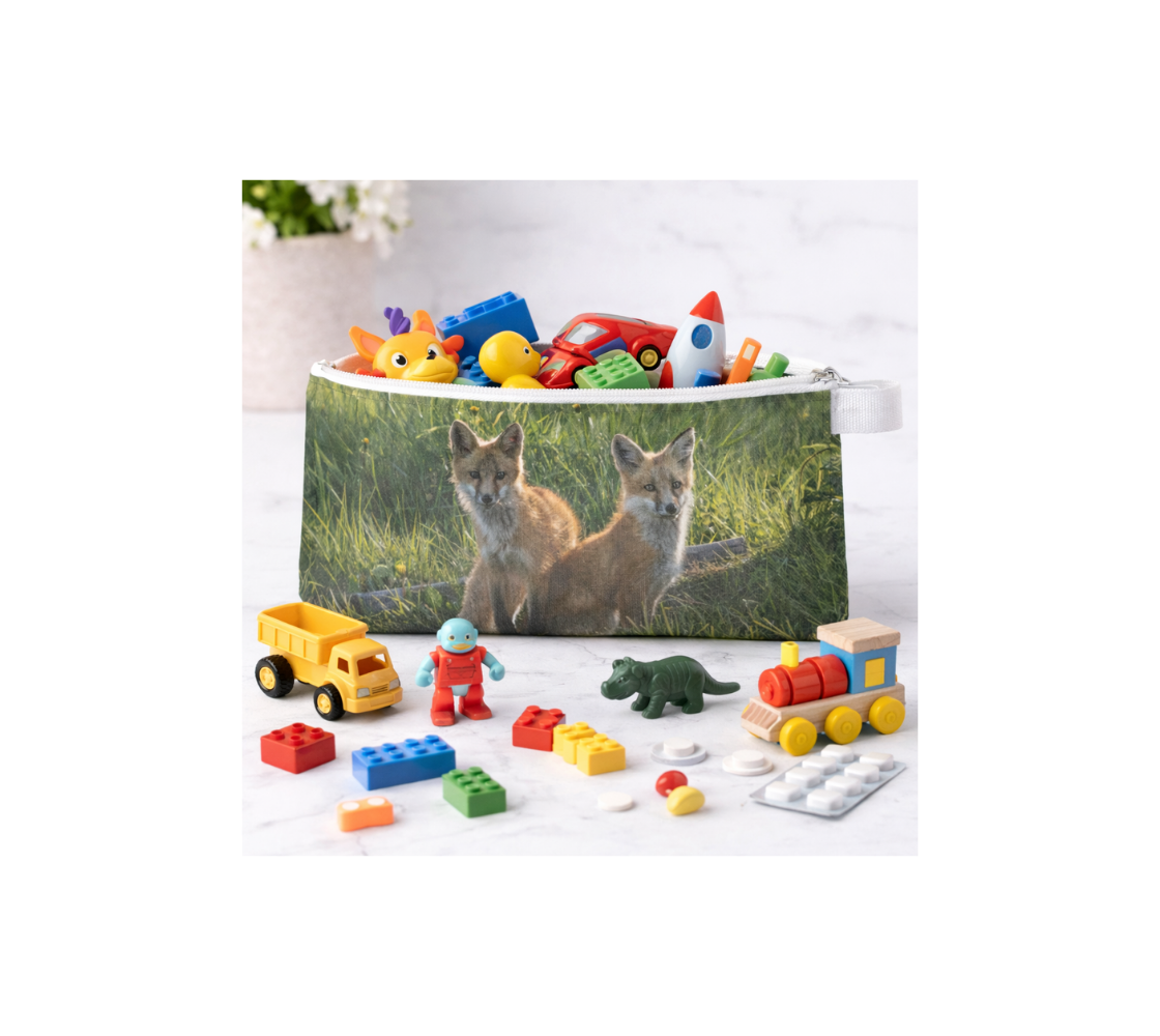 A zippered pouch with an image of a red fox kit design with a green background containing various toys inside it.