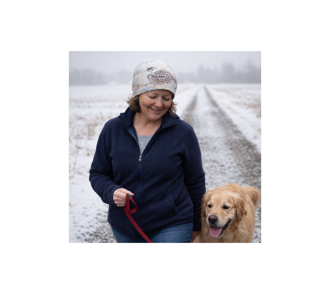 A woman walking a dog wearing a bamboo-line beanie with our photograph of snowy owl design with a white background on a snowy path.