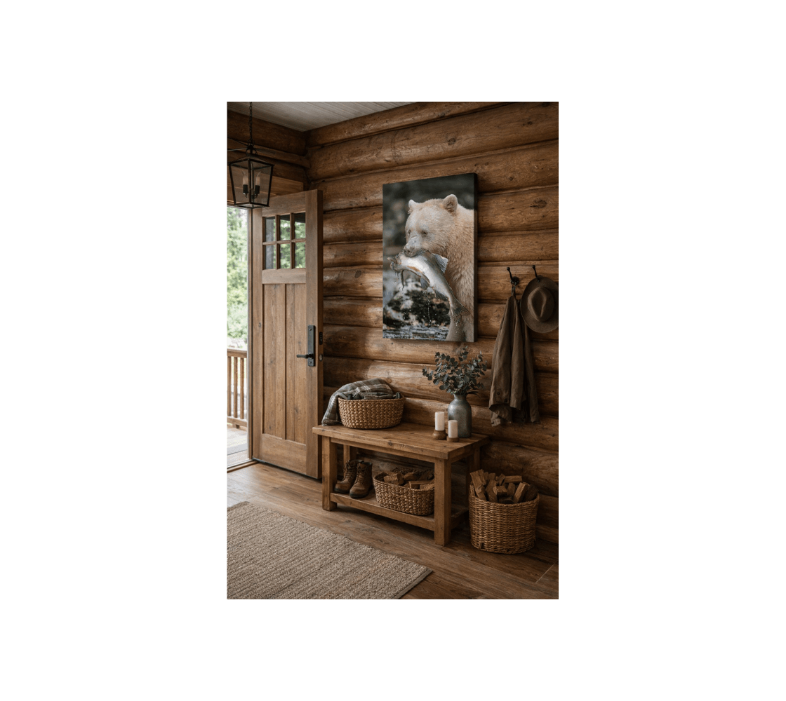 A wooden interior of a cabin with a portrait canvas print of a spirit bear from our wildlife photography hanging on the wall above a bench at the front door.