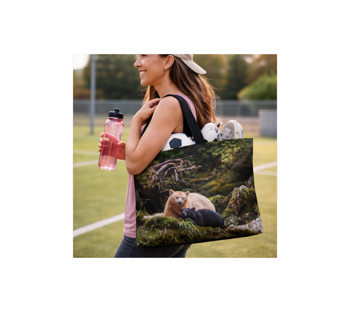 A woman carrying a spirit bear large reusable tote bag from our wildlife photography with a soccer ball and shoes in it.