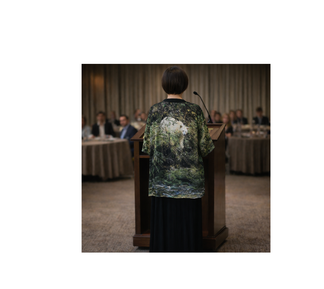 A woman standing wearing a spirit bear kimono cover up from our original wildlife photography giving a speech from a podium.