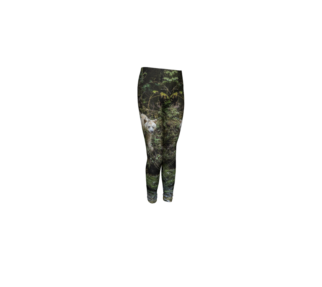 A front view of a pair of spirit bear youth leggings from our original wildlife photography.