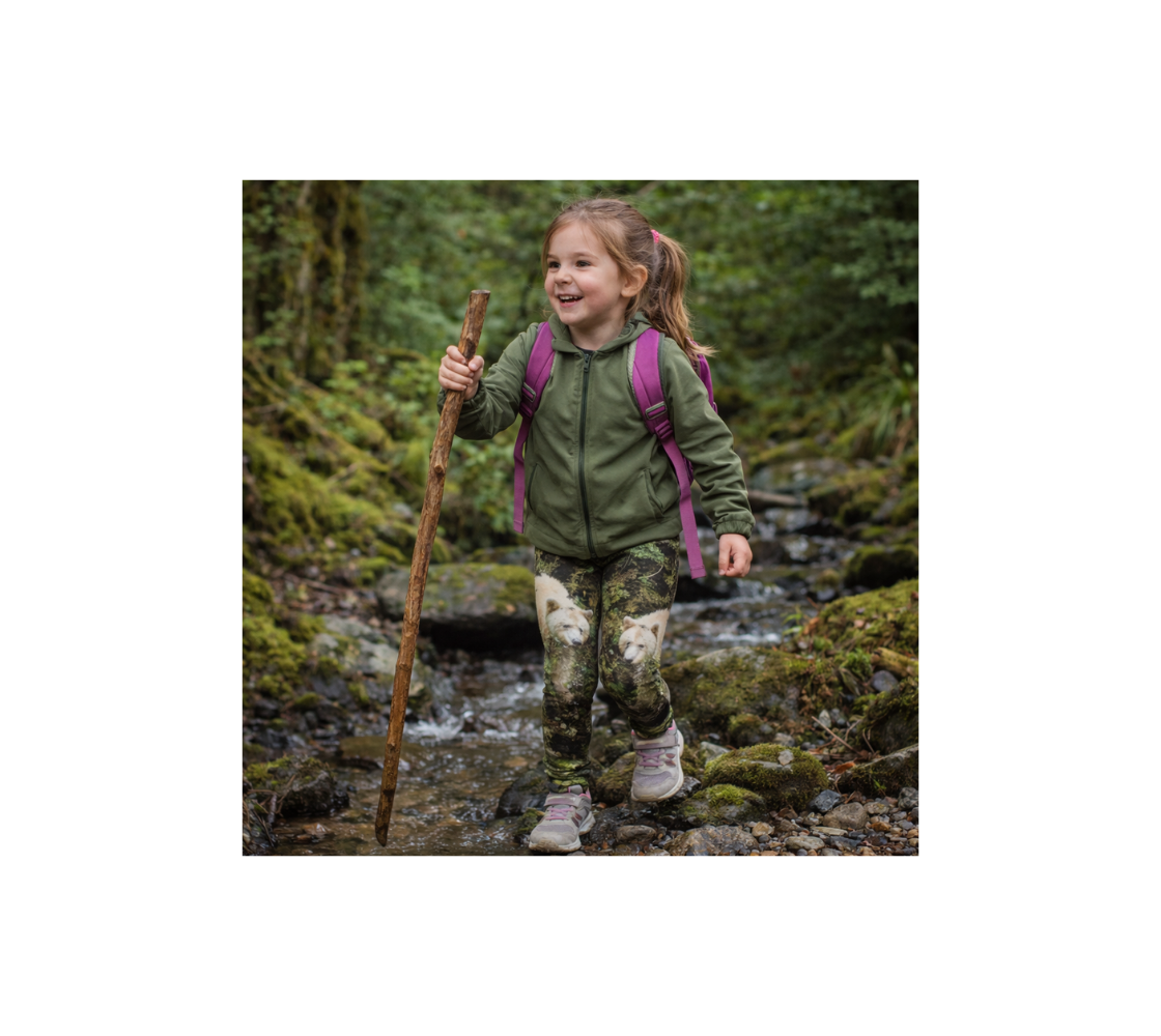Youth hiking in a forest with a backpack and walking stick with a pair of leggings with a image of a spirit bear.