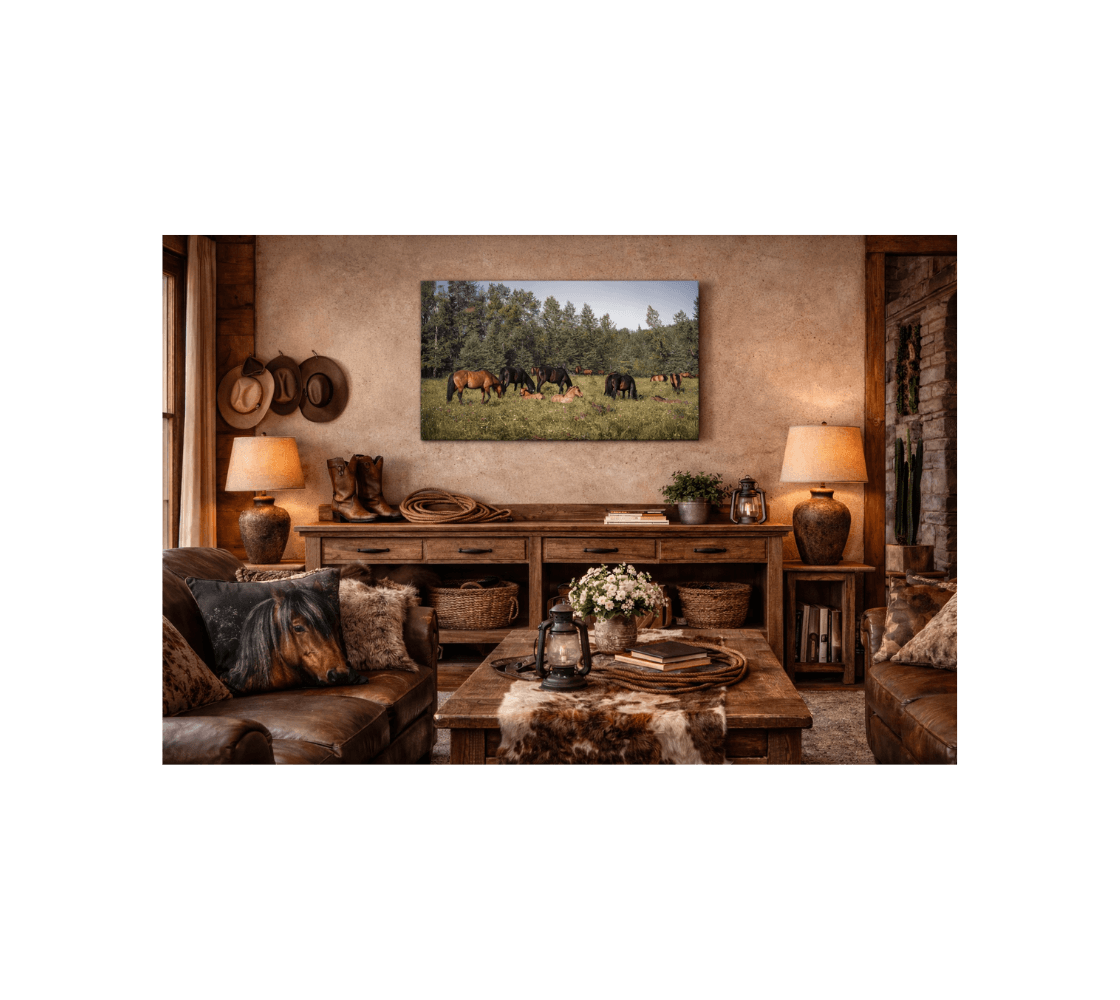 A canvas print f wild horses from eastern foot Hills AB from our real wildlife photography on a wall in western living room.