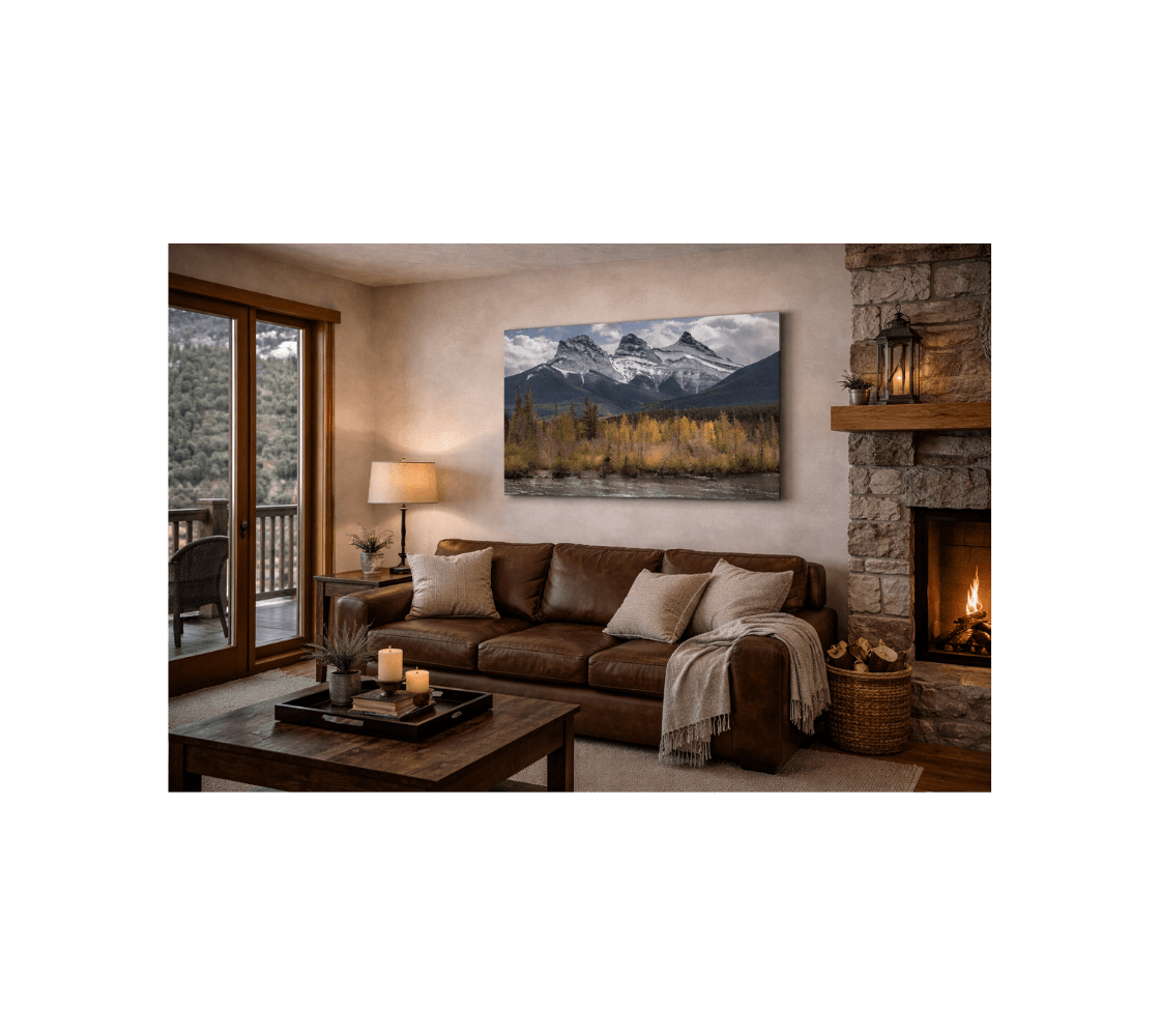 A cozy living room with a canvas print of Three Sister mountains near Canmore Alberta from our nature photography hanging on a wall above a couch.