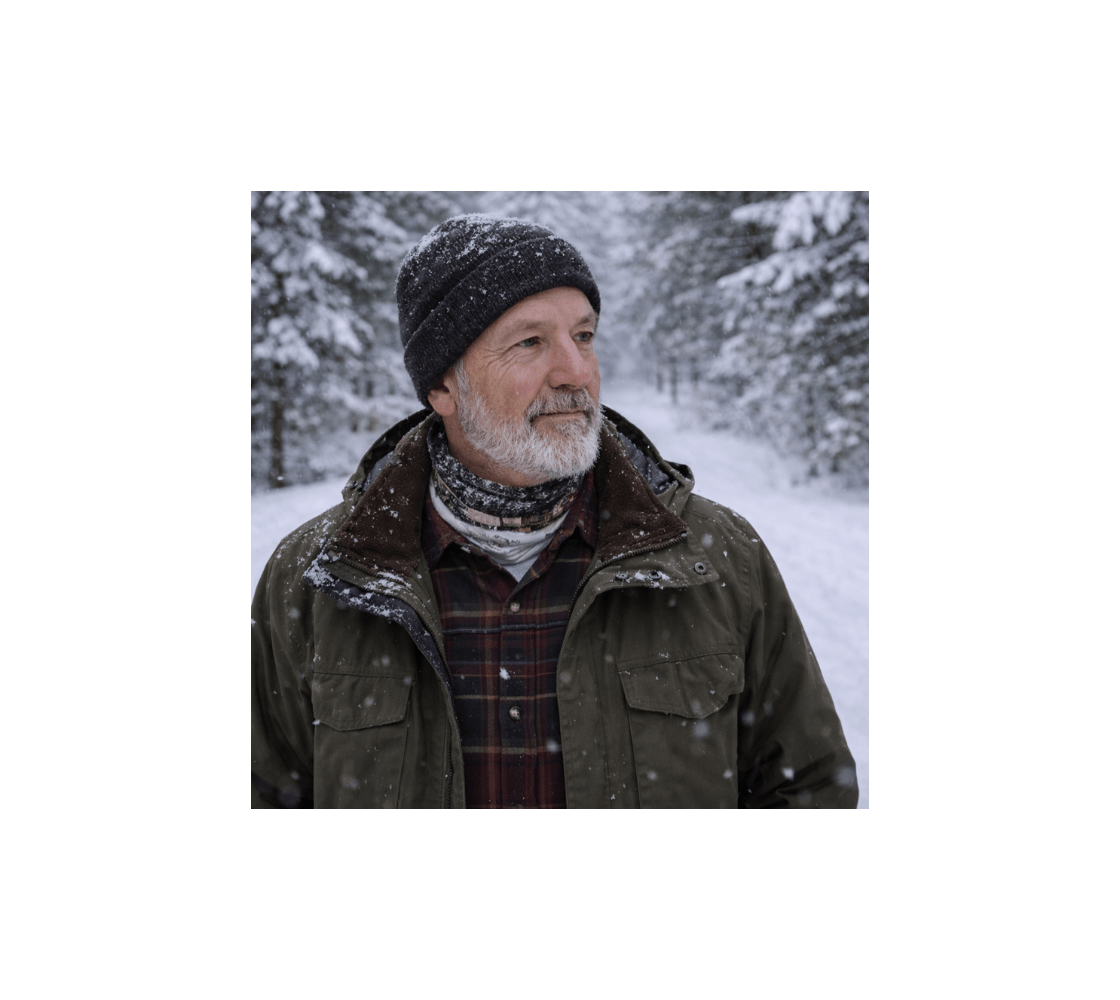Man in winter wearing a Morant's Curve train head and neck buff from our real nature photography around his neck.