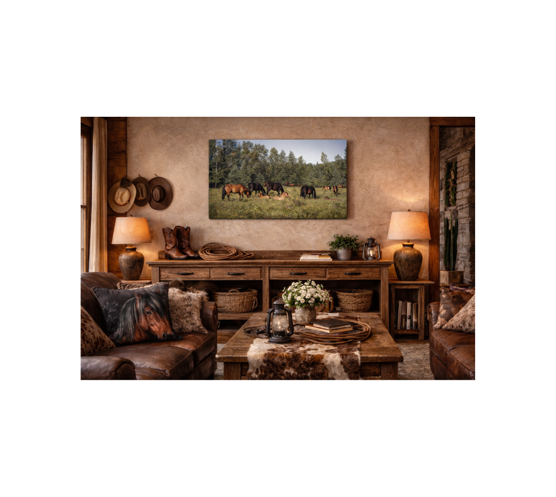 A rustic riving room with a canvas print of a band of wild horses from our wildlife photography hanging on the wall above side broad table.