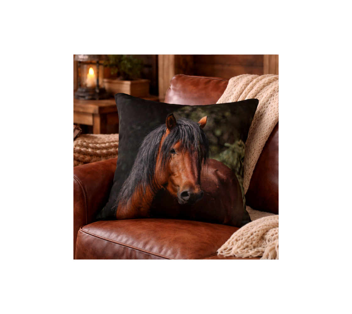 A rustic living room with a wild horse decorative throw pillow cover from our wildlife photography on a brown leather couch.