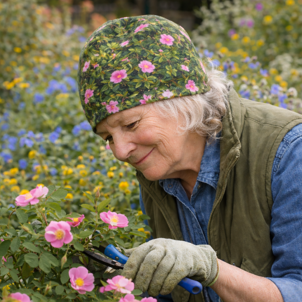 A elderly woman working in her garden wearing a bamboo-lined beanie with collage of wild roses design with a green background.