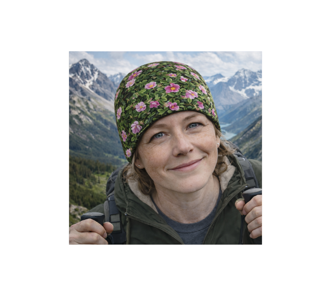 A woman in the mountains wearing a bamboo-lined beanie with a collage of wild roses design with a green background.