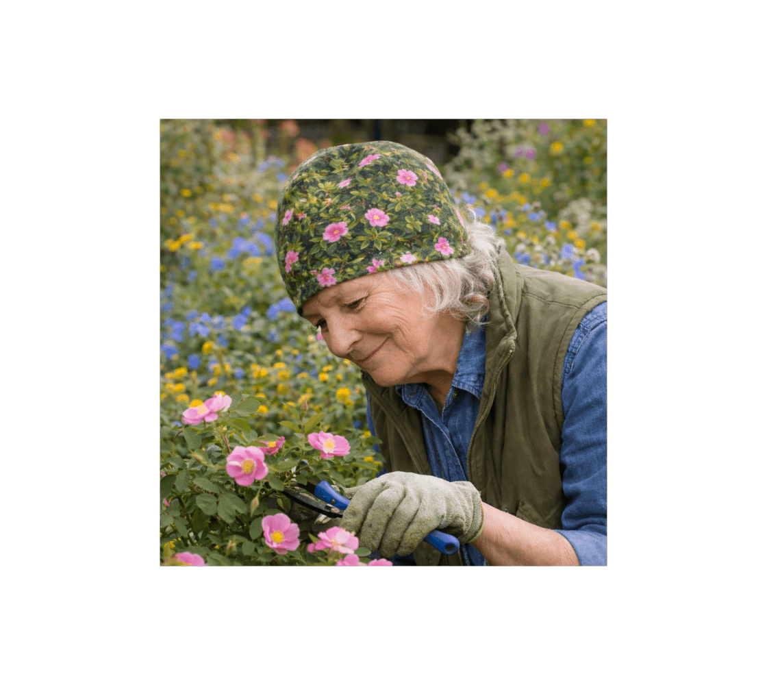 A women gardening wearing a wild roses bamboo line beanie from our real Canadian nature photography in a flower bed.