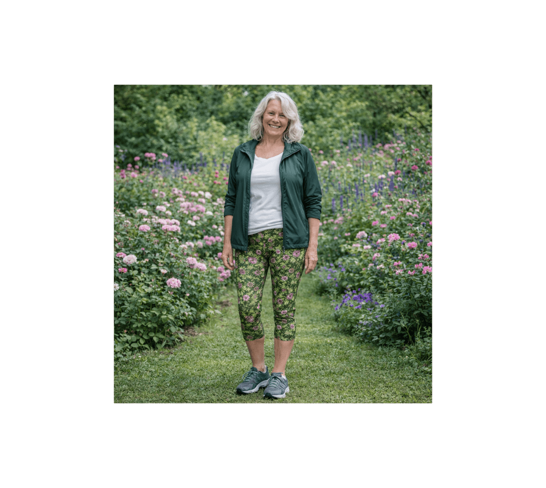 A woman standing wearing a pair of wild roses classic capri leggings from our real nature photography in a garden.