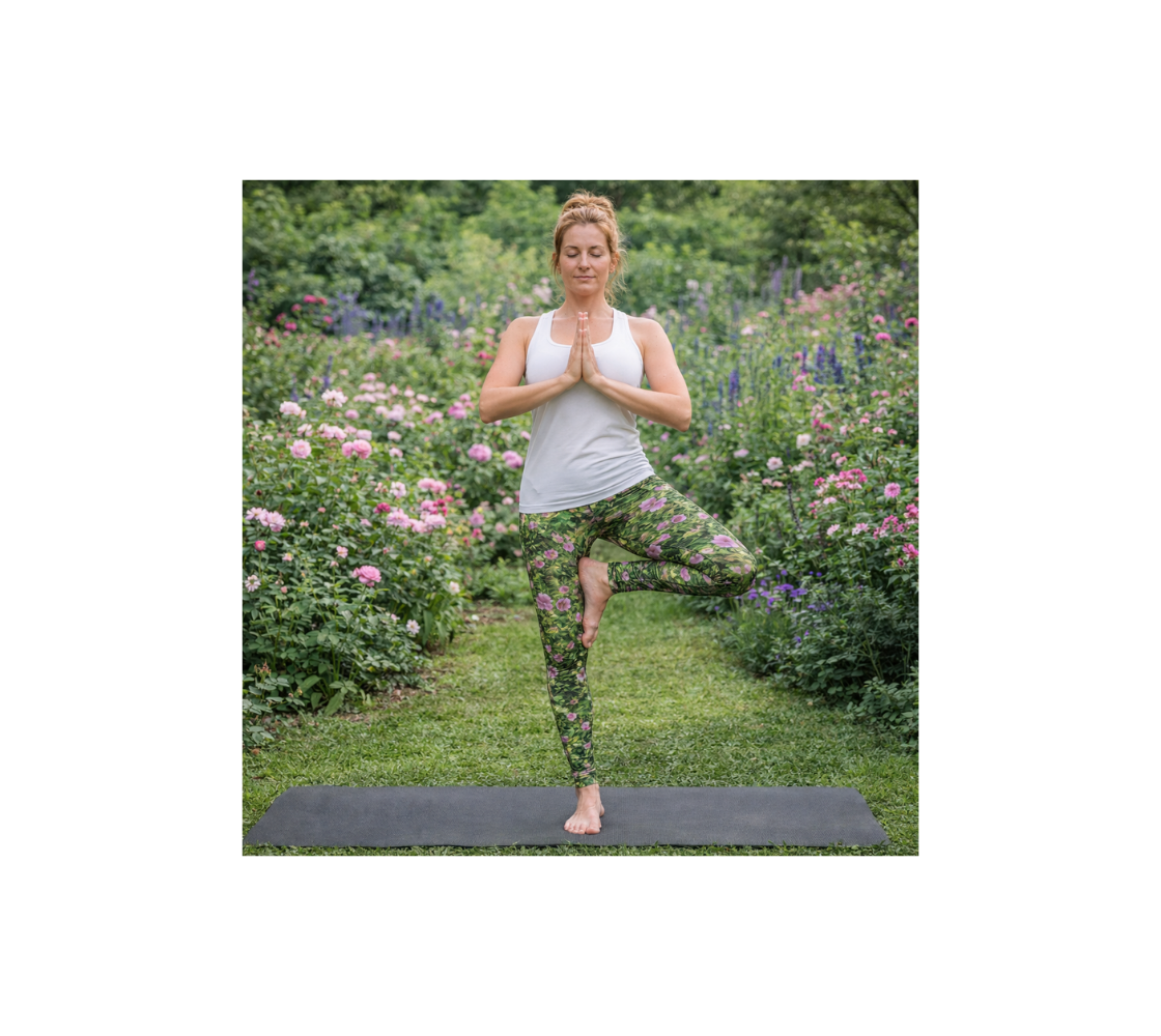 A woman practicing yoga in a garden wearing a pair of classic leggings with a collage of wild rose design with a green background.