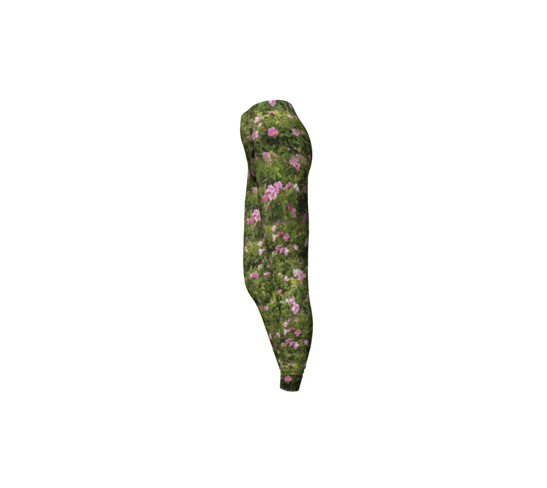A front view of a pair of wild rose classic leggings from our real nature photography.