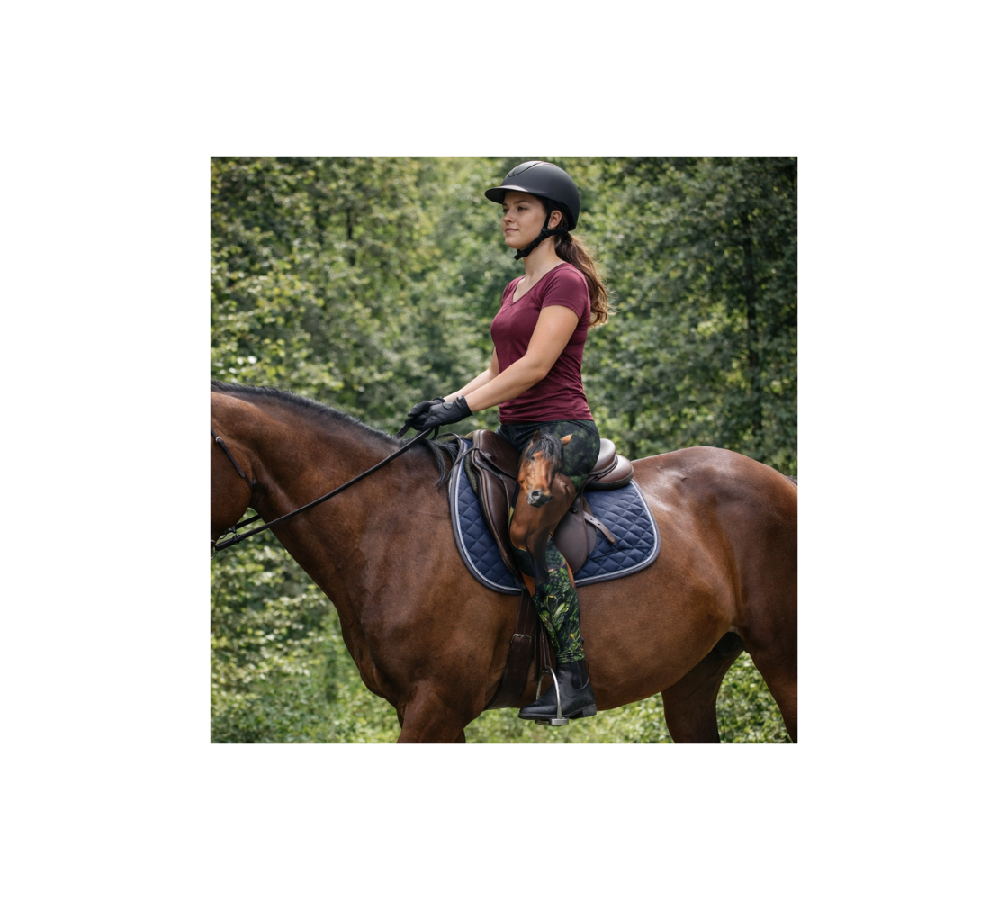 Young woman riding a hoses wearing a pair of wild horse classic leggings from our wildlife photography in the forest.