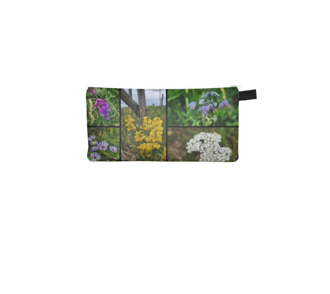 A zippered pouch with our collage of our photographs of wildflowers design.