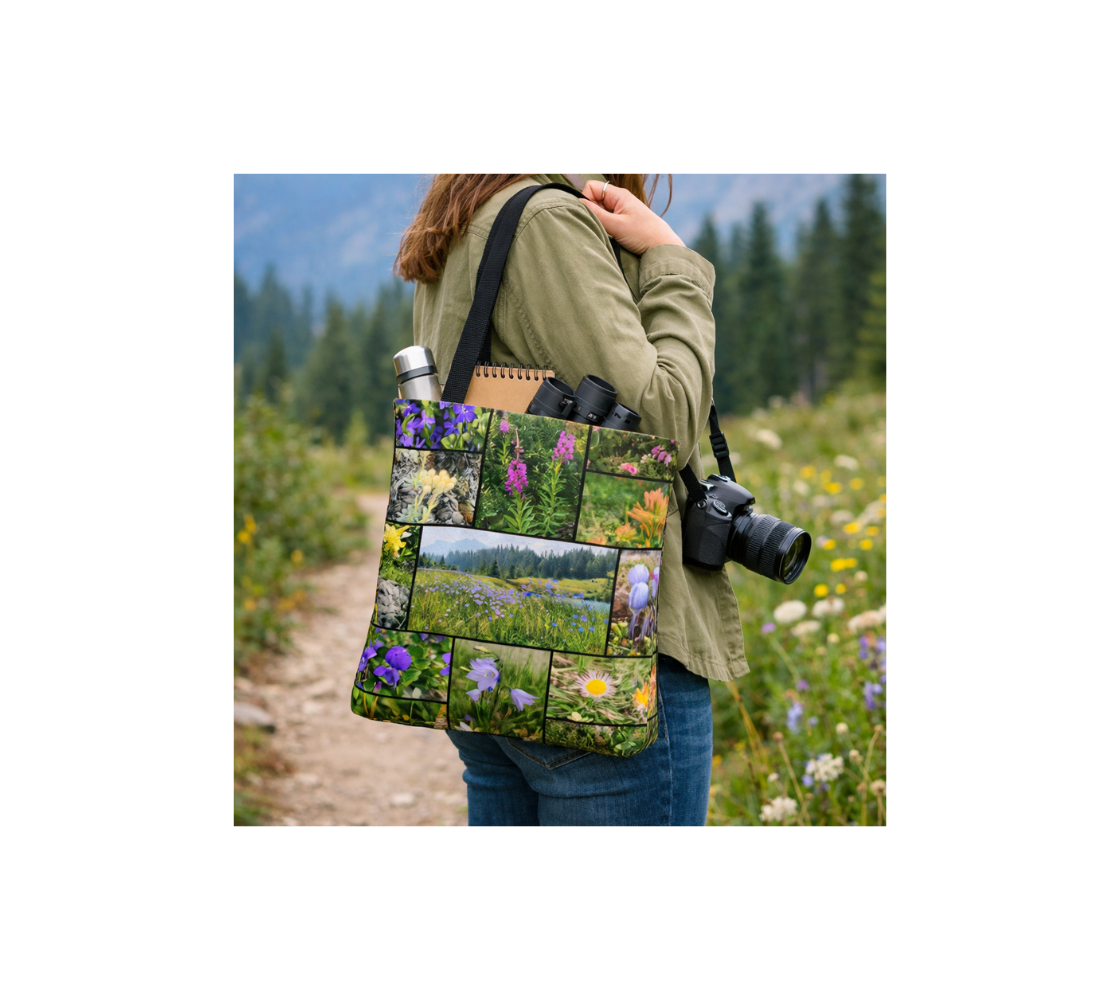 A woman carrying a reusable tote bag with a collage our photographs of wildflowers with thermos and note pad inside it standing on a path with wildflowers beside it.