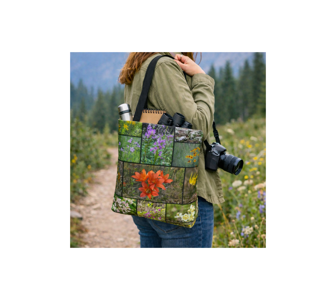 A woman carrying a reusable tote bag with a collage our photographs of wildflowers with binoculars and note pad inside it standing on a path with wildflowers beside it.