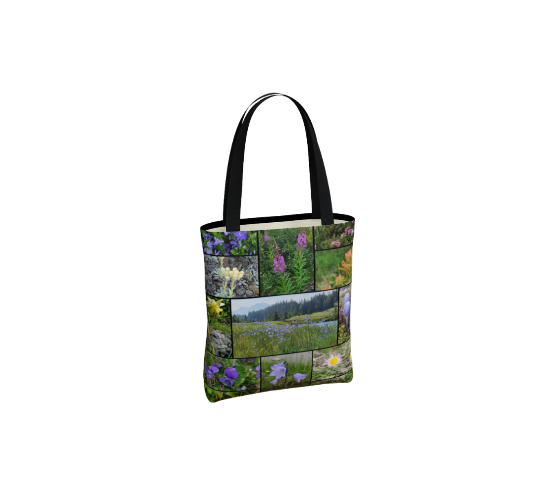 A small reusable tote bag with a collage of our photographs of wildflowers design.