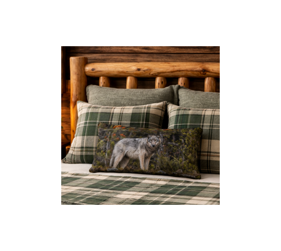 Plaid pillows with a cushion cover with a wolf design on a bed with wooden headboard.