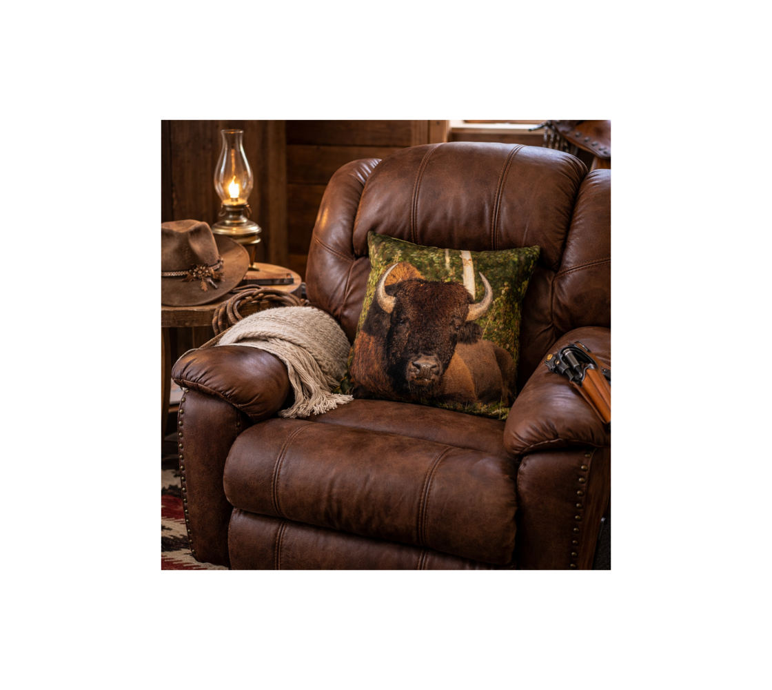 Brown leather recliner with a decorative throw pillow cover featuring a bull wood bison design, in a rustic setting.