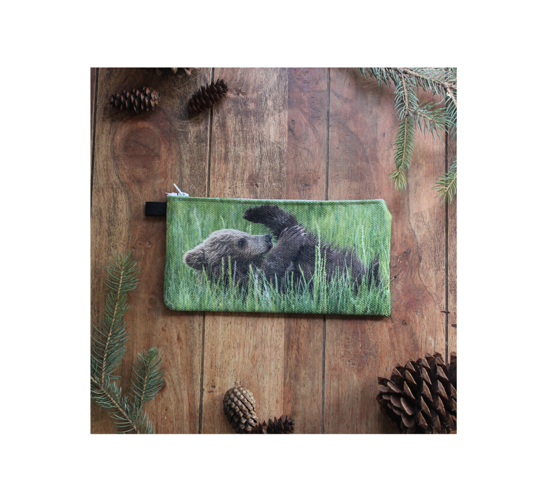 Durable double sided 9” x 4” canvas zippered pouch featuring real images of grizzly bear cubs .